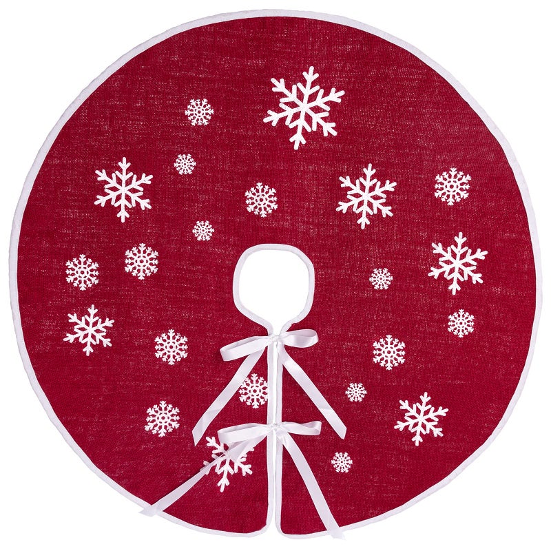 MACTING Christmas Burlap Tree Skirt, 30 Inch Red Countryside Tree Skirt with White Snowflake Printed, Small Rustic Tree Mat for Home Party Holiday Winter Indoor Xmas Decorations - Image 1